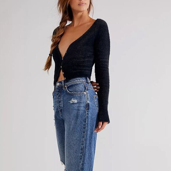 NWT Free People Black Cloud Cropped Cardi Sz L - Picture 1 of 9